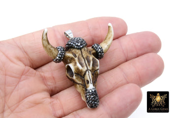 Beige Bone Cow Skull Pendant, Boho Brown and Black Stone Longhorn CW21 - A Girls Gems